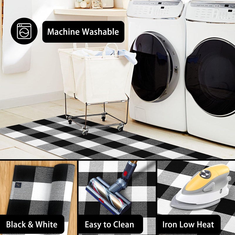 KOZYFLY Buffalo Plaid Rug 2x6 Ft Black and White Runners for Hallways Washable Checkered Rug Cotton Kitchen Runner Carpet Runner Rugs for Entryway Bedroom Living Room Farmhouse Runner Rug - Image 5